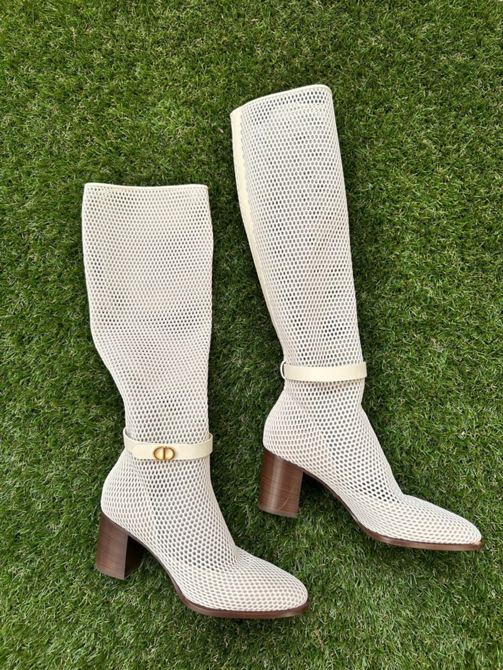 Dior Empreinte Montaigne 70 mm Off White Knee High Pull On Caged Boots 38.5 - Picture 2 of 9